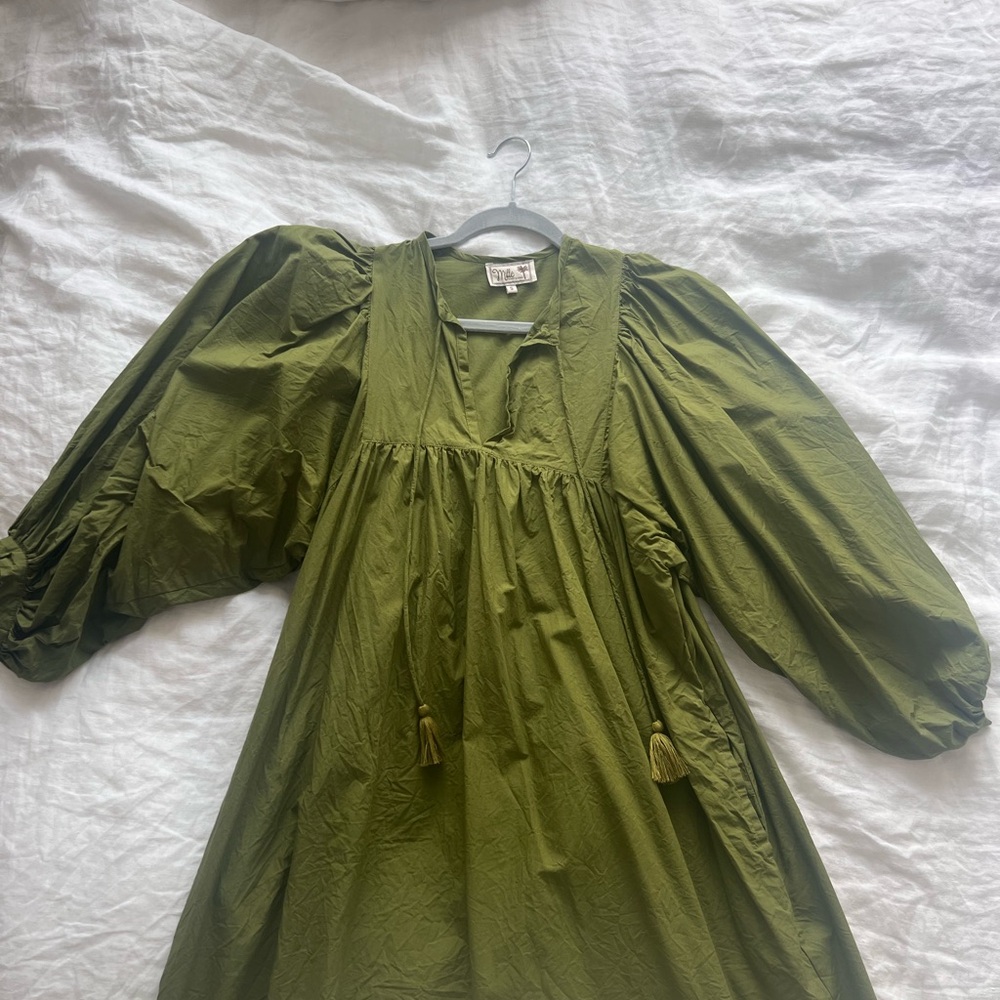 Elegant Olive Green Mini Dress with Puff Sleeves—daisy dress by Mille